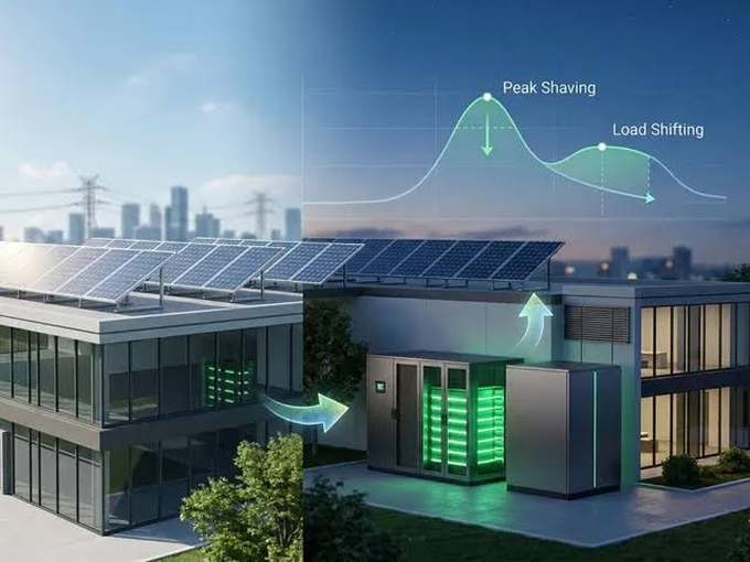 Building with rooftop solar and battery storage showing peak shaving and load shifting inside a defined electrical boundary